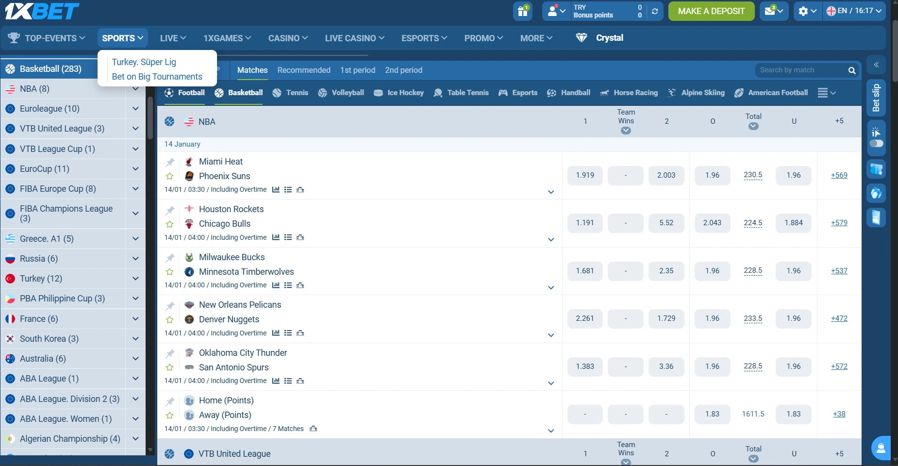 1xBet basketball betting categories
